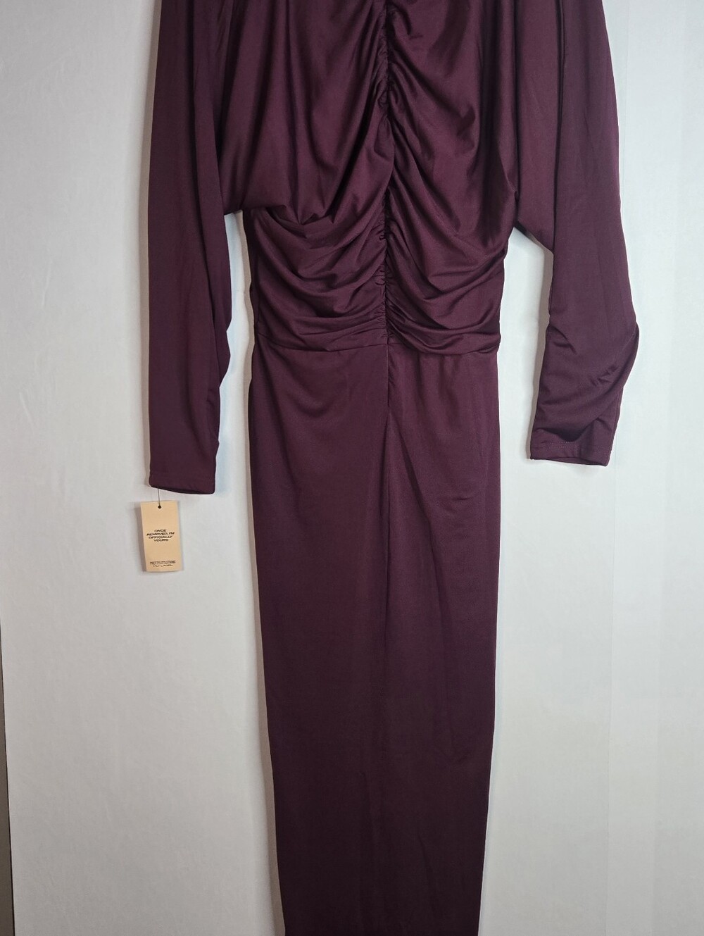 PLT Label Women Size 2 Mulberry Slinky Ruched plunged Batwing Maxi dress NWT - Picture 5 of 9